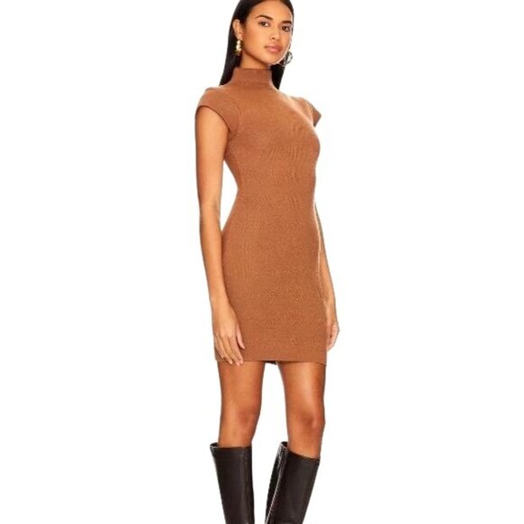 Revolve Line & Dot Rumi Mini Sweater Dress in Cafe/Tan Size S Mock Neck Cap Slee - Picture 1 of 11